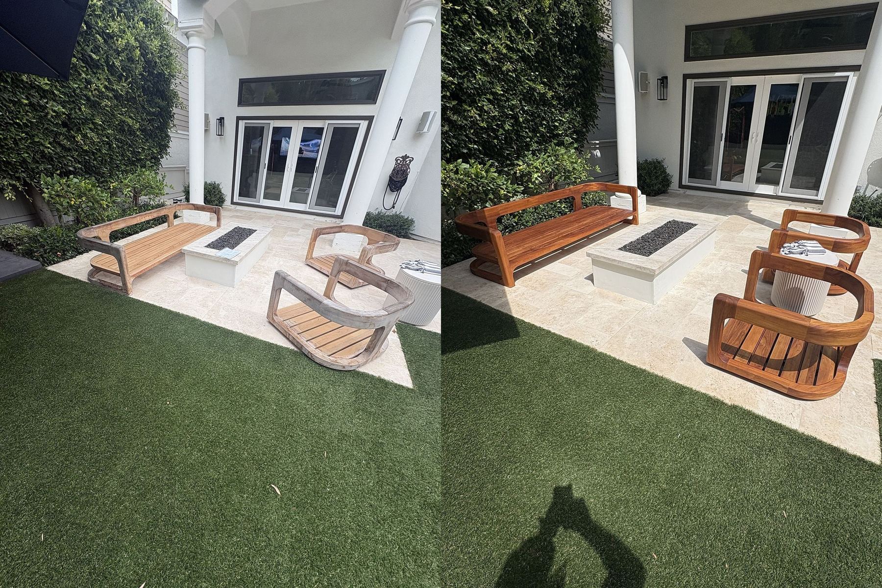 A curved teak bench and two lounge chairs by a fire pit before restoration, weathered to silver-gray