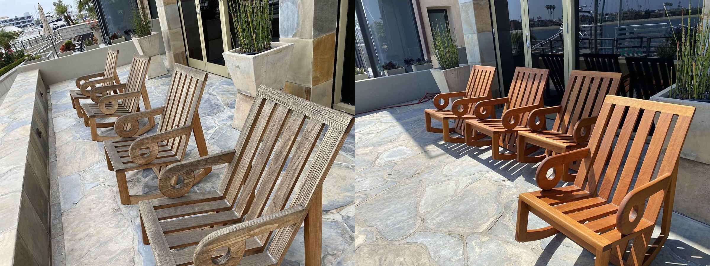 The four teak patio chairs before restoration, weathered to a dull silver-gray